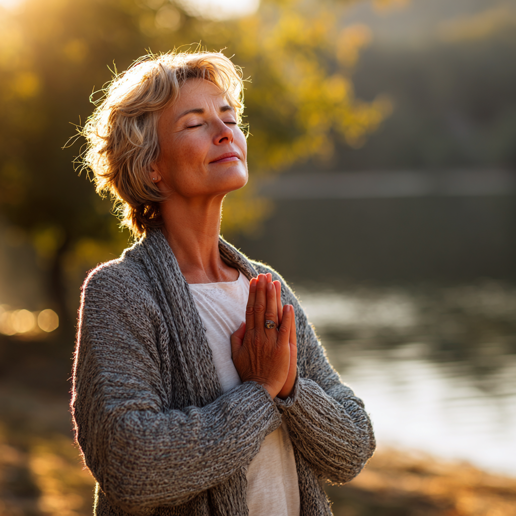 Middle-aged woman practicing peaceful yoga pose outdoors, age 48, serene nature background, morning sunlight