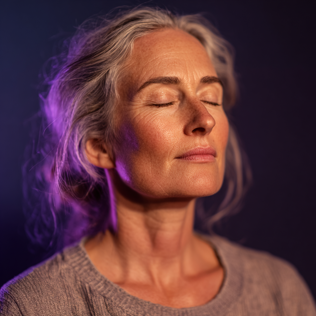 Peaceful mature woman meditating with closed eyes, age 52, indoor calm setting with soft purple lighting
